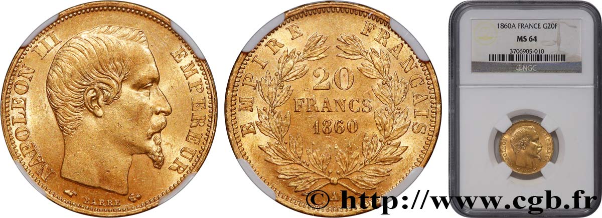 20 francs or Napoléon III, tête nue 1860 Paris F.531/17 SPL64 NGC