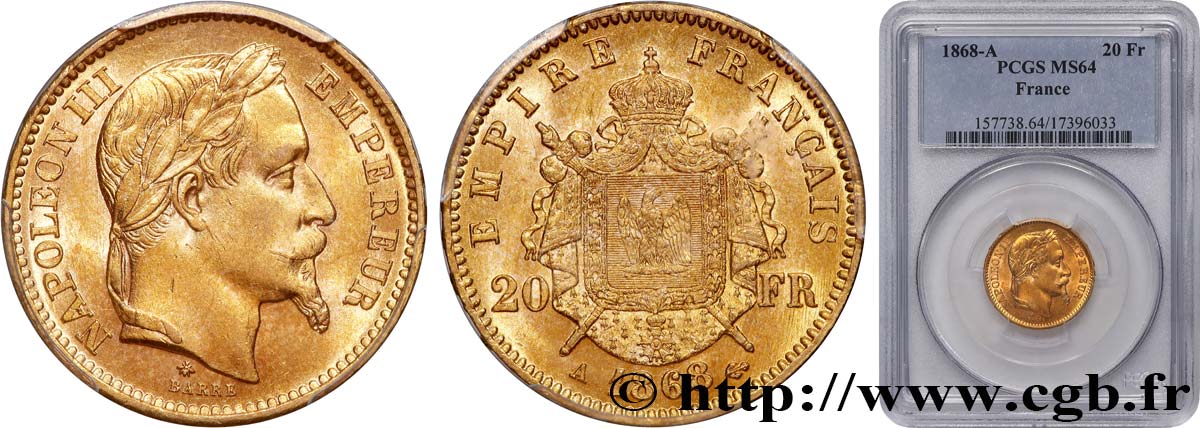 20 francs or Napoléon III, tête laurée 1868 Paris F.532/18 SPL64 PCGS