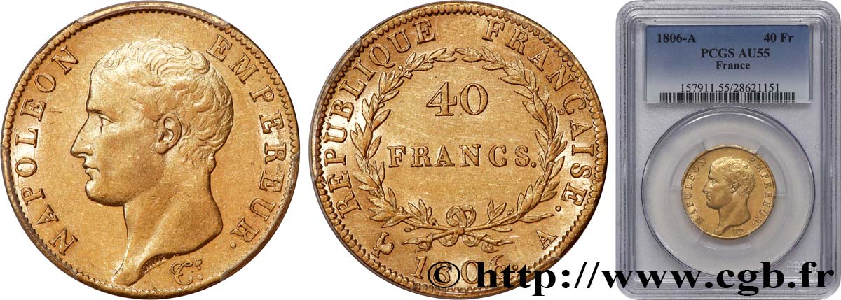 40 francs or Napoléon tête nue, Calendrier grégorien 1806 Paris F.538/1 SUP55 PCGS