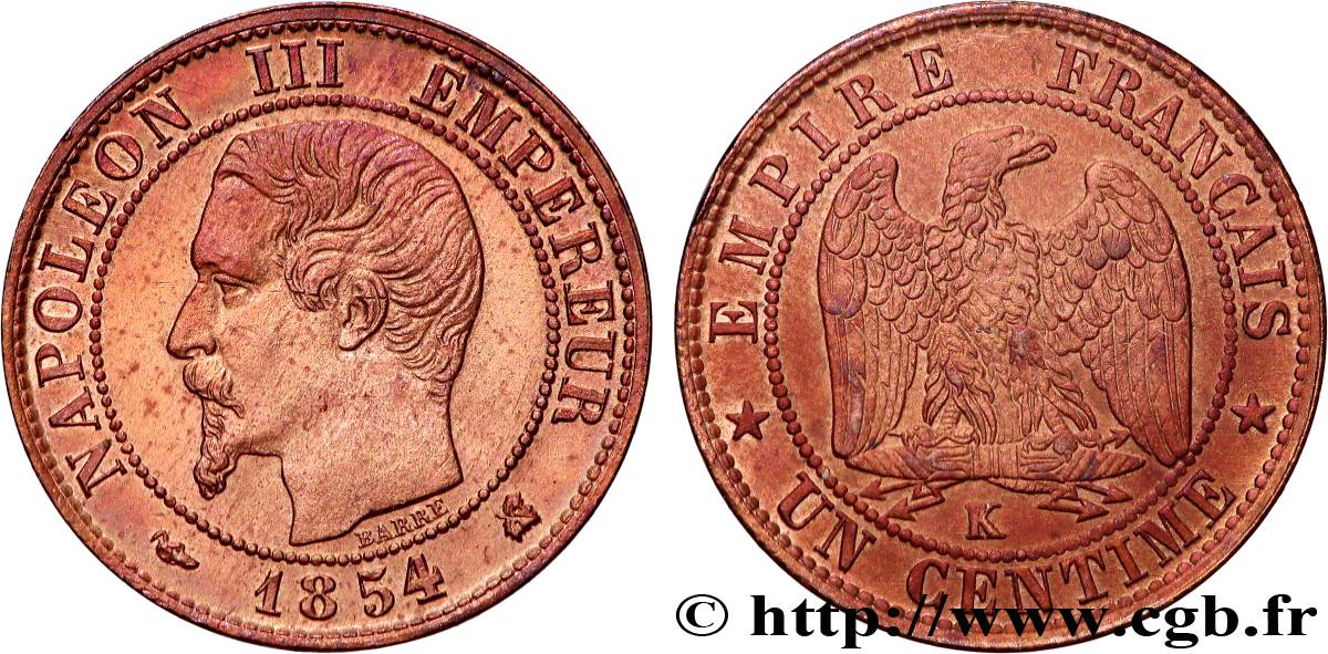 Un centime Napoléon III, tête nue 1854 Bordeaux F.102/13 MS 