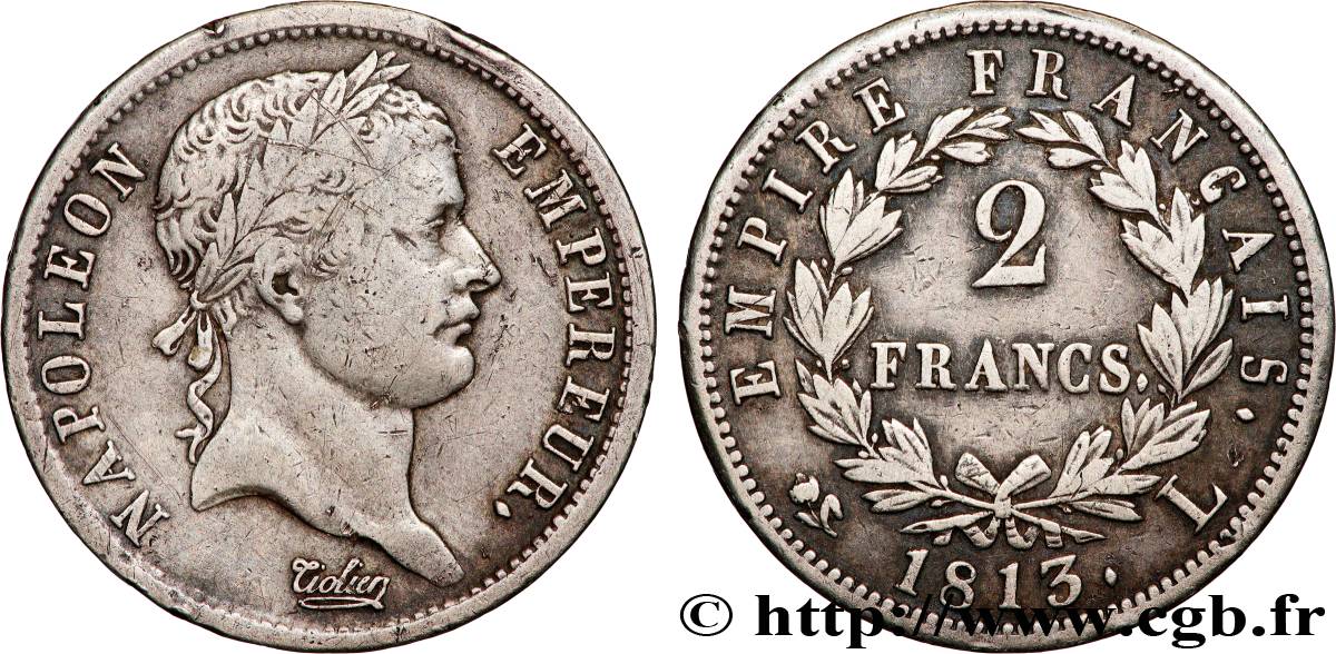 2 francs Napoléon Ier tête laurée, Empire français 1813 Bayonne F.255/59 TB+ 