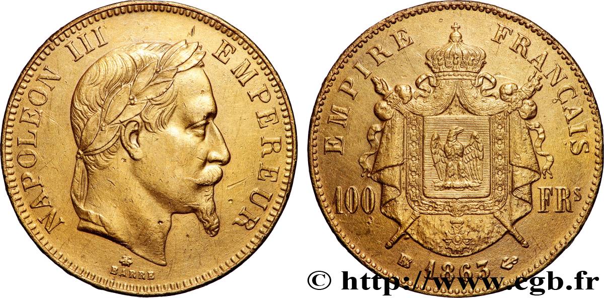 100 francs or Napoléon III, tête laurée 1863 Strasbourg F.551/3 TTB 