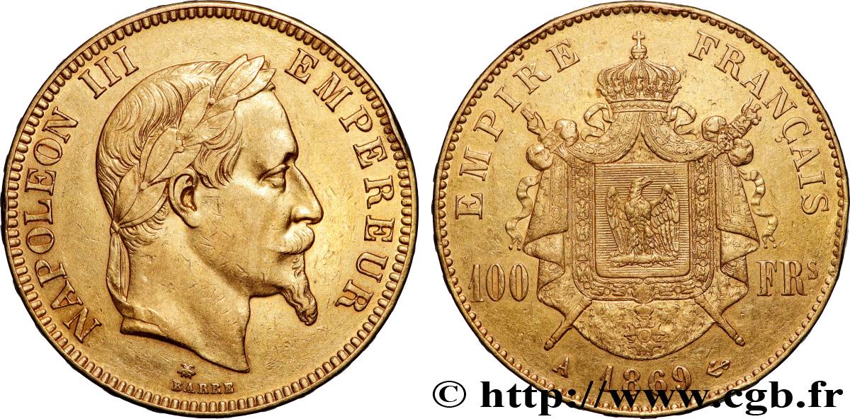 100 francs or Napoléon III, tête laurée 1869 Paris F.551/12 TTB+ 