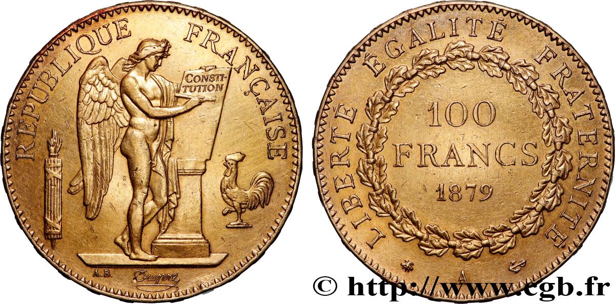 100 francs or Génie, tranche inscrite en relief Dieu protège la France 1879 Paris F.552/2 TTB+ 