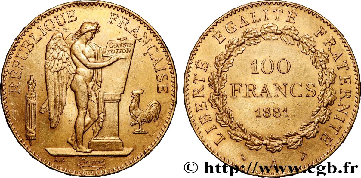 100 francs or Génie, tranche inscrite en relief Dieu protège la France 1881 Paris F.552/4 SUP 