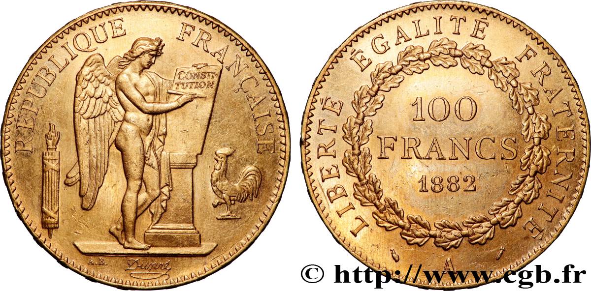 100 francs or Génie, tranche inscrite en relief Dieu protège la France 1882 Paris F.552/5 SUP 