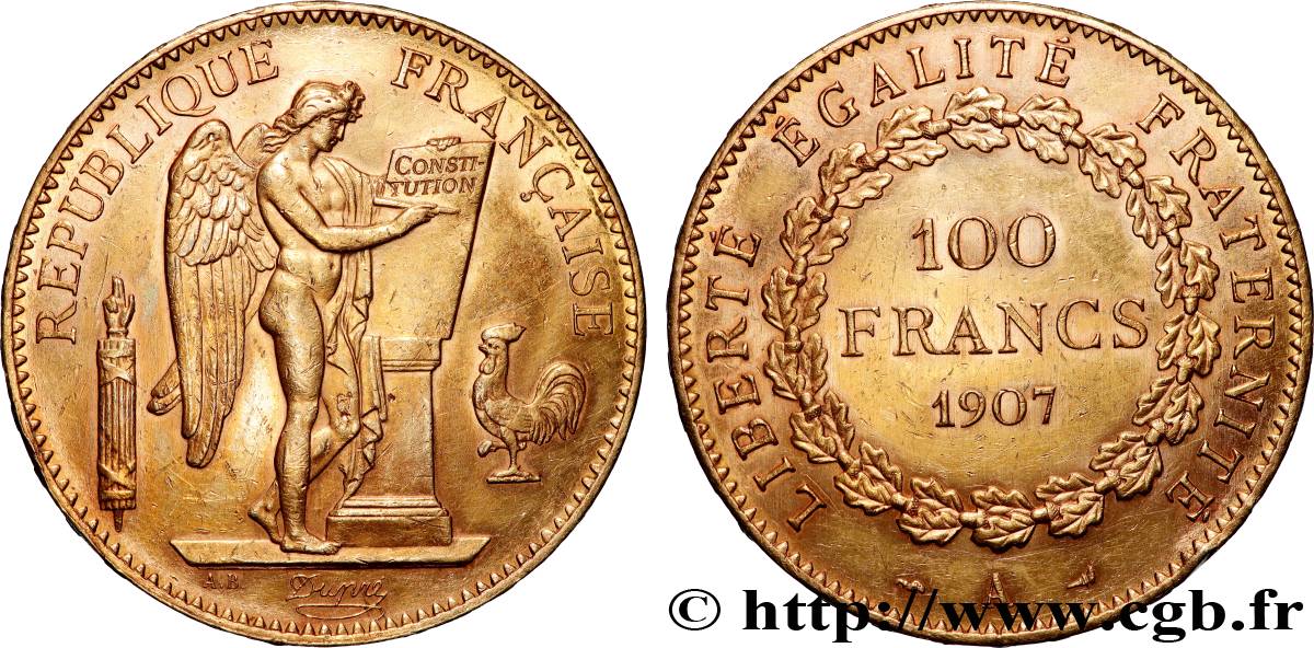 100 francs or Génie, tranche inscrite en relief Liberté Égalité Fraternité 1907 Paris F.553/1 SUP 