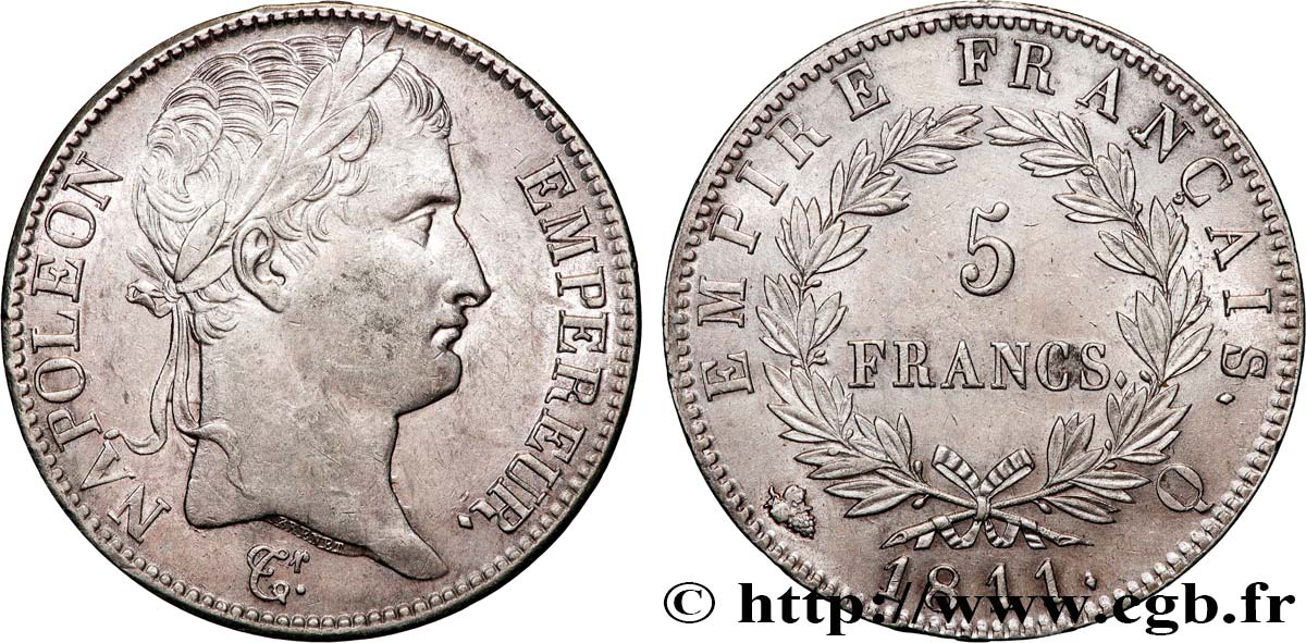 5 francs Napoléon Empereur, Empire français 1811 Perpignan F.307/37 SPL55 