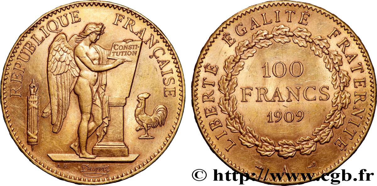 100 francs or Génie, tranche inscrite en relief Liberté Égalité Fraternité 1909 Paris F.553/3 SUP 