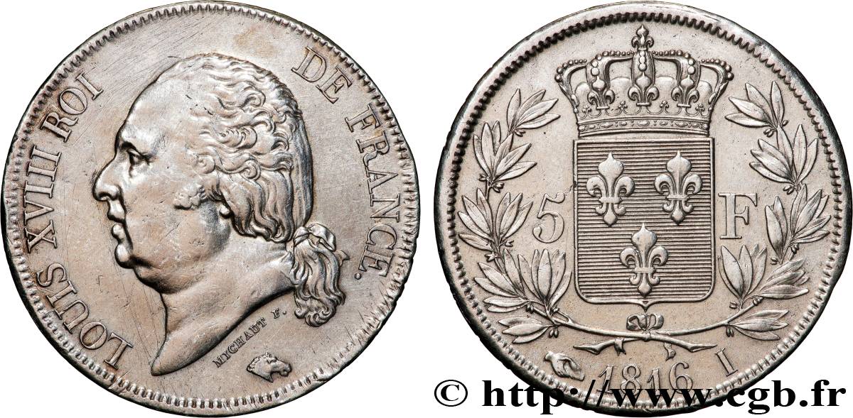 5 francs Louis XVIII, tête nue 1816 Limoges F.309/6 XF 