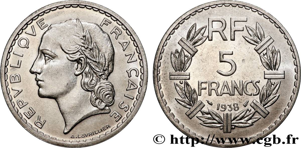 5 francs Lavrillier, nickel 1938  F.336/7 SPL 