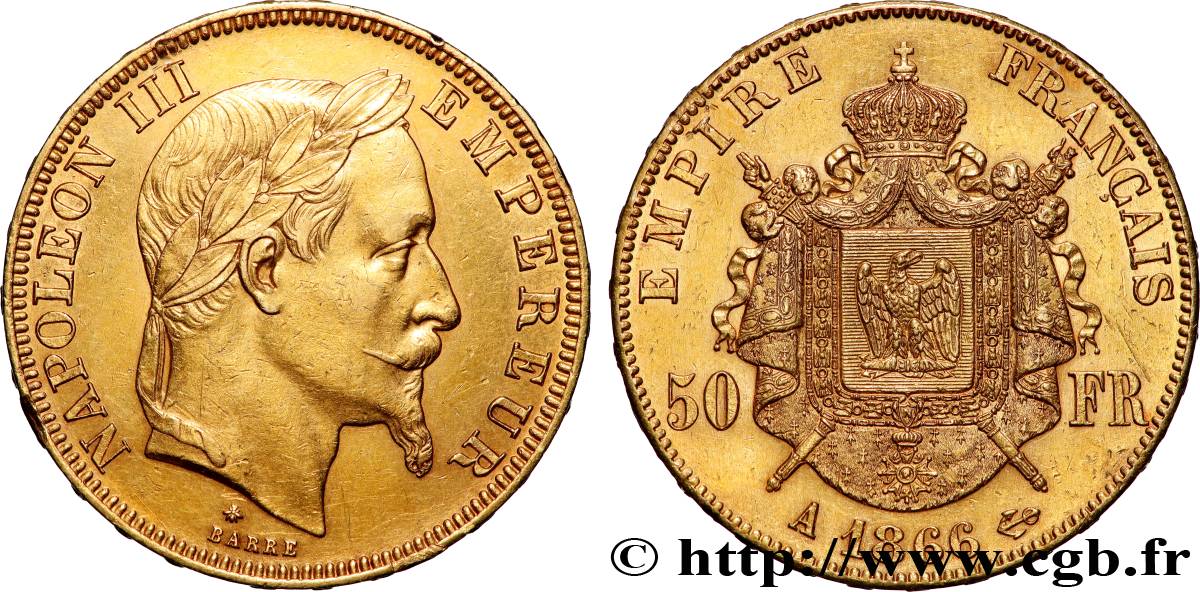 50 francs or Napoléon III, tête laurée 1866 Paris F.548/6 TTB+ 