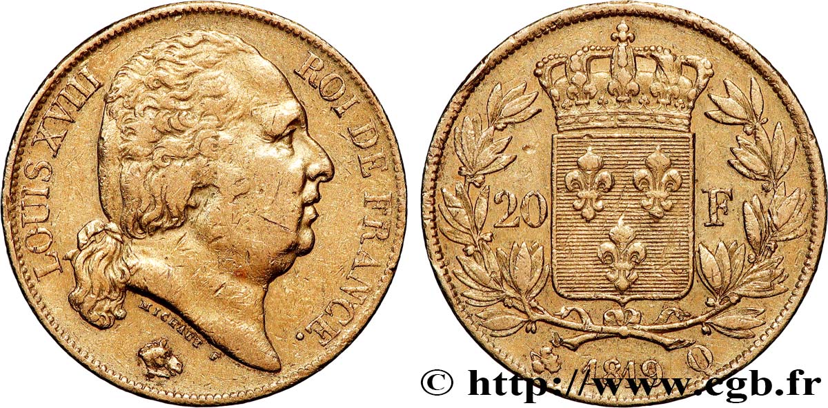 20 francs or Louis XVIII, tête nue 1819 Perpignan F.519/16 TTB 