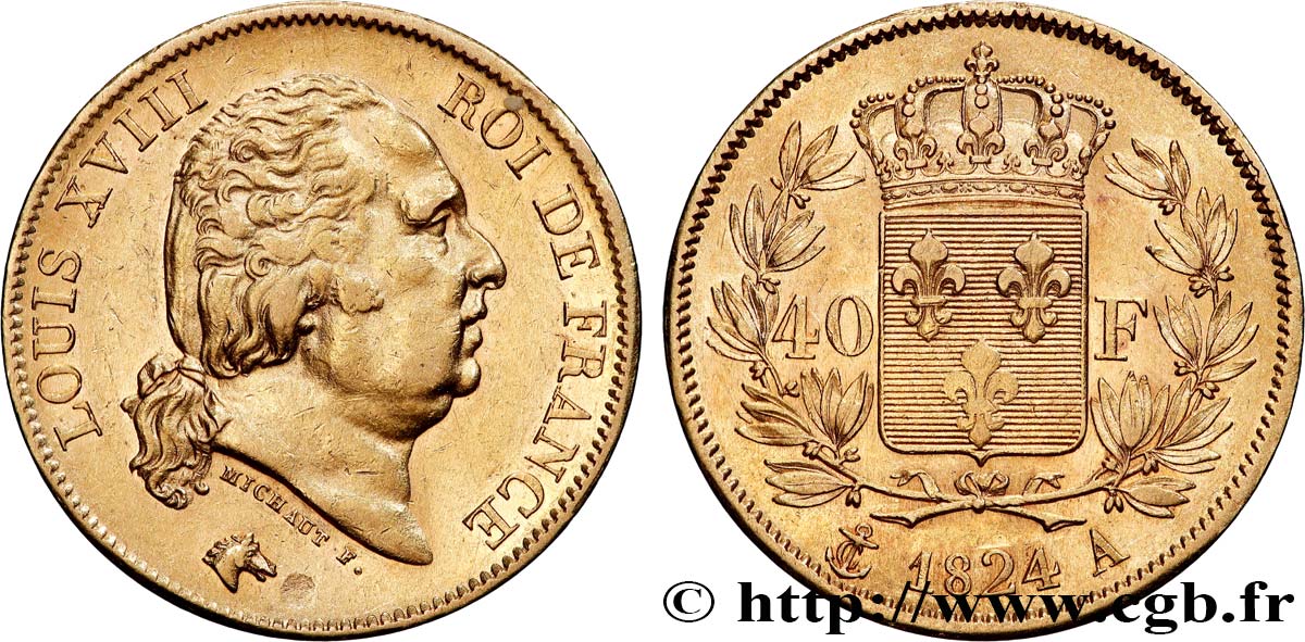 40 francs or Louis XVIII 1824 Paris F.542/16 q.SPL 