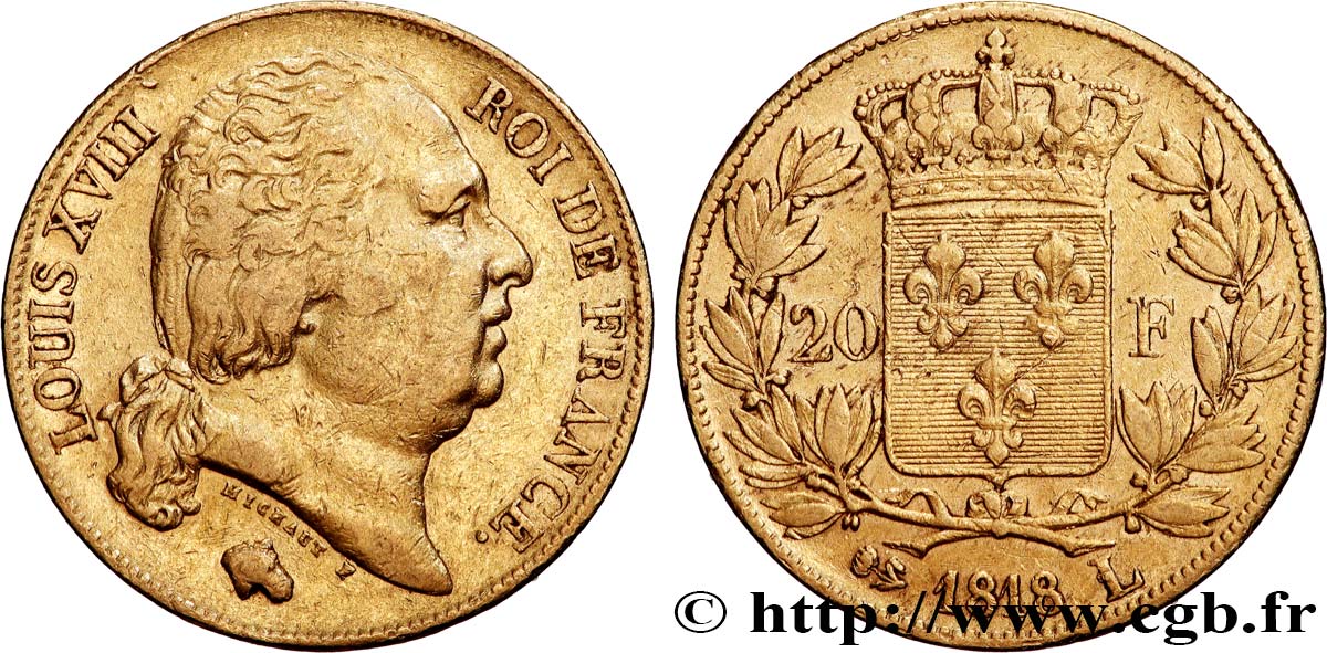 20 francs or Louis XVIII, tête nue 1818 Bayonne F.519/11 MBC 