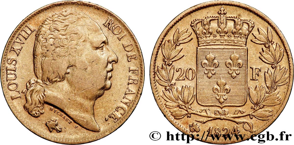 20 francs or Louis XVIII, tête nue 1824 Perpignan F.519/33 XF 