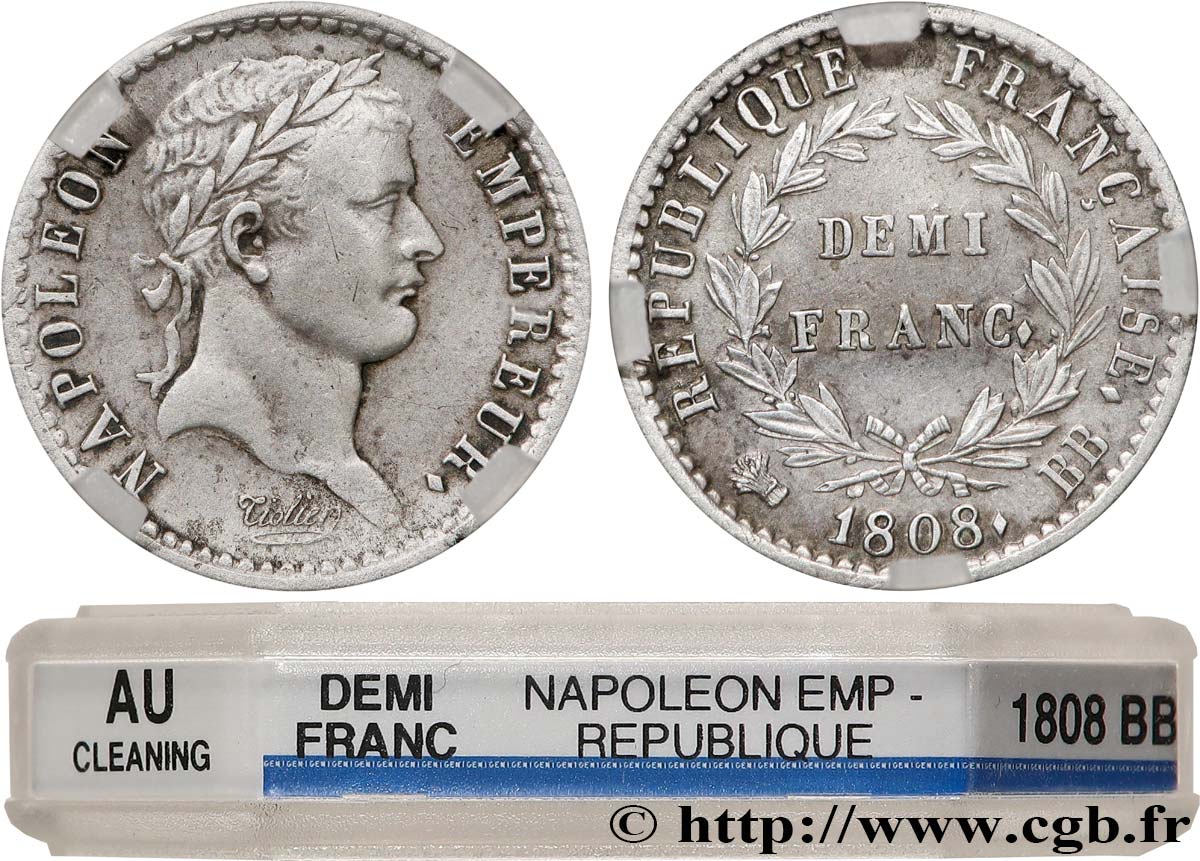 Demi-franc Napoléon Ier tête laurée, République française, buste fin 1808 Strasbourg F.177/4 TTB+ GENI