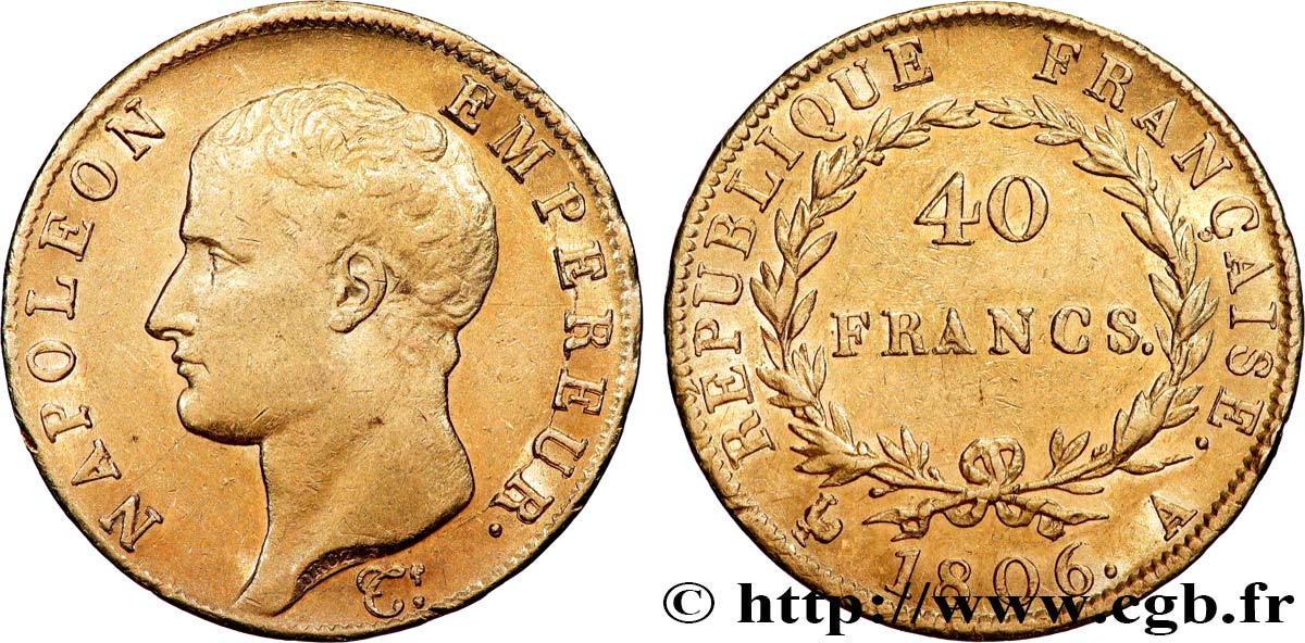 40 francs or Napoléon tête nue, Calendrier grégorien 1806 Paris F.538/1 TTB+ 