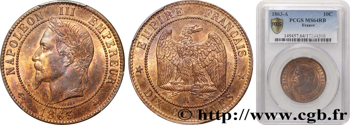 Dix centimes Napoléon III, tête laurée 1863 Paris F.134/10 MS64 PCGS