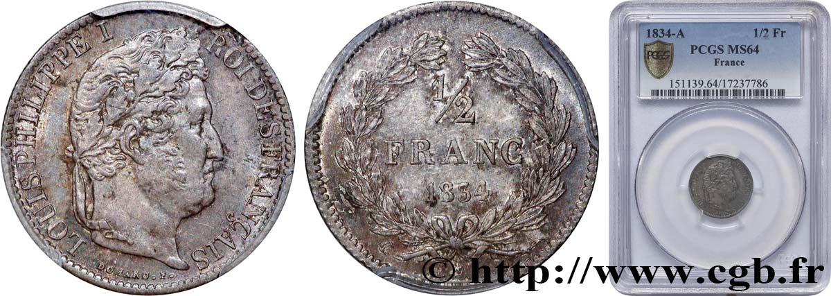 1/2 franc Louis-Philippe 1834 Paris F.182/40 MS64 PCGS