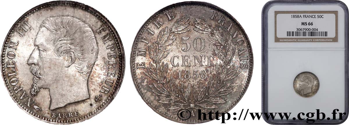 50 centimes Napoléon III, tête nue 1858 Paris F.187/9 MS66 NGC