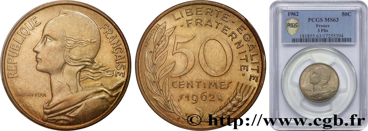 50 centimes Marianne, col à trois plis 1962 Paris F.197/2 SPL63 PCGS