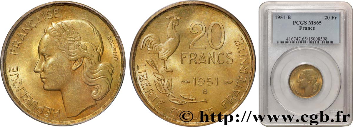 20 francs G. Guiraud 1951 Beaumont-Le-Roger F.402/8 MS65 PCGS