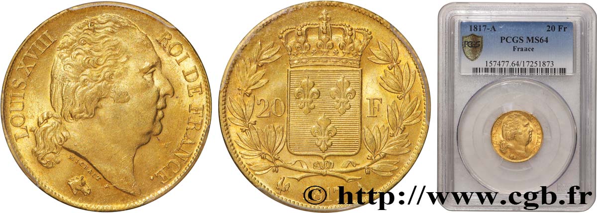 20 francs or Louis XVIII, tête nue 1817 Paris F.519/5 MS64 PCGS