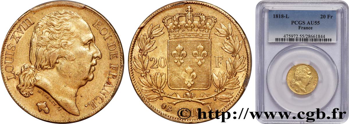 20 francs or Louis XVIII, tête nue 1818 Bayonne F.519/11 SUP55 PCGS