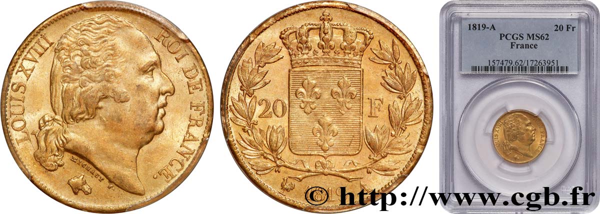 20 francs or Louis XVIII, tête nue 1819 Paris F.519/15 MS62 PCGS