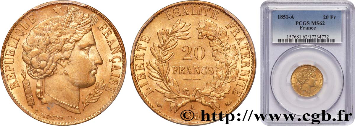 20 francs or Cérès 1851 Paris F.529/4 MS62 PCGS