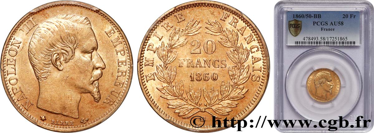 20 francs or Napoléon III, tête nue 1860 Strasbourg F.531/19 AU58 PCGS