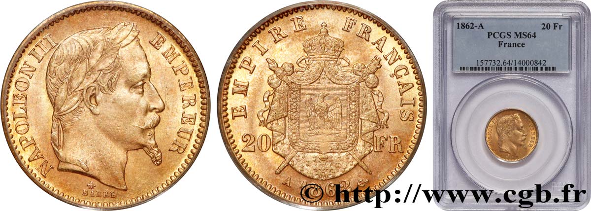 20 francs or Napoléon III, tête laurée, Petit A 1862 Paris F.532/3 MS64 PCGS