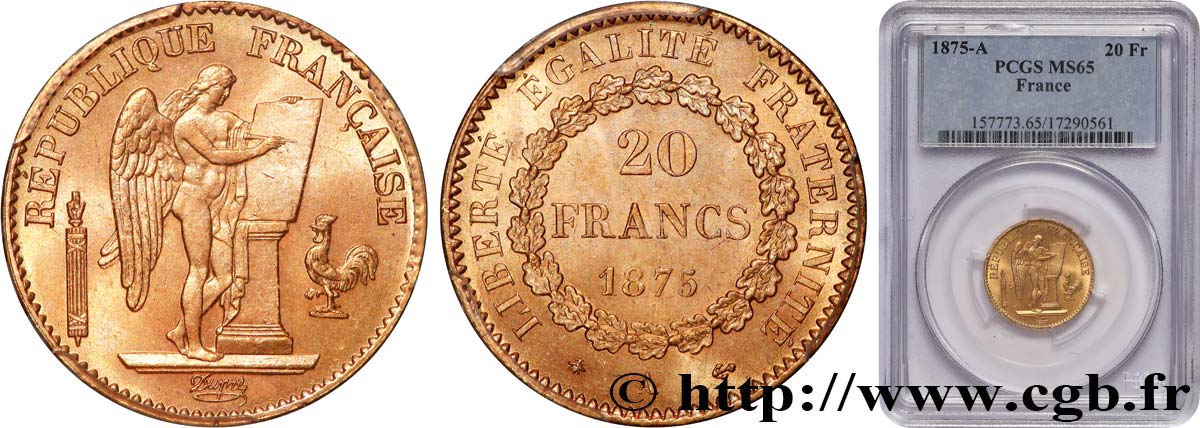 20 francs or Génie, Troisième République 1875 Paris F.533/3 FDC65 PCGS