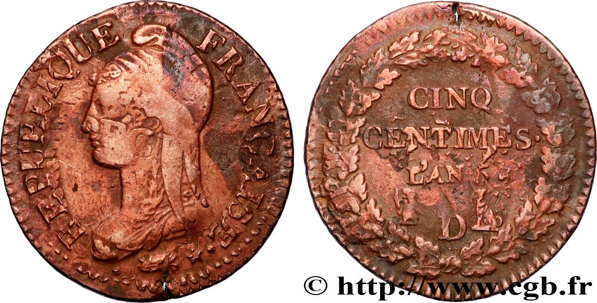 Cinq centimes Dupré, grand module,  refrappage  du décime 1797 Lyon F.114/7 TB 