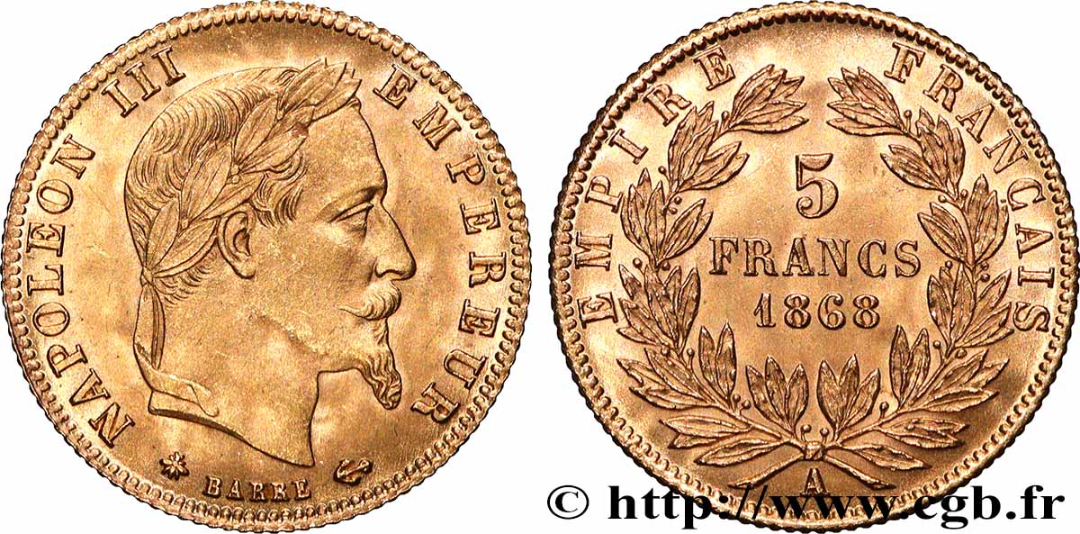 5 francs or Napoléon III, tête laurée 1868 Paris F.502/13 SUP61 