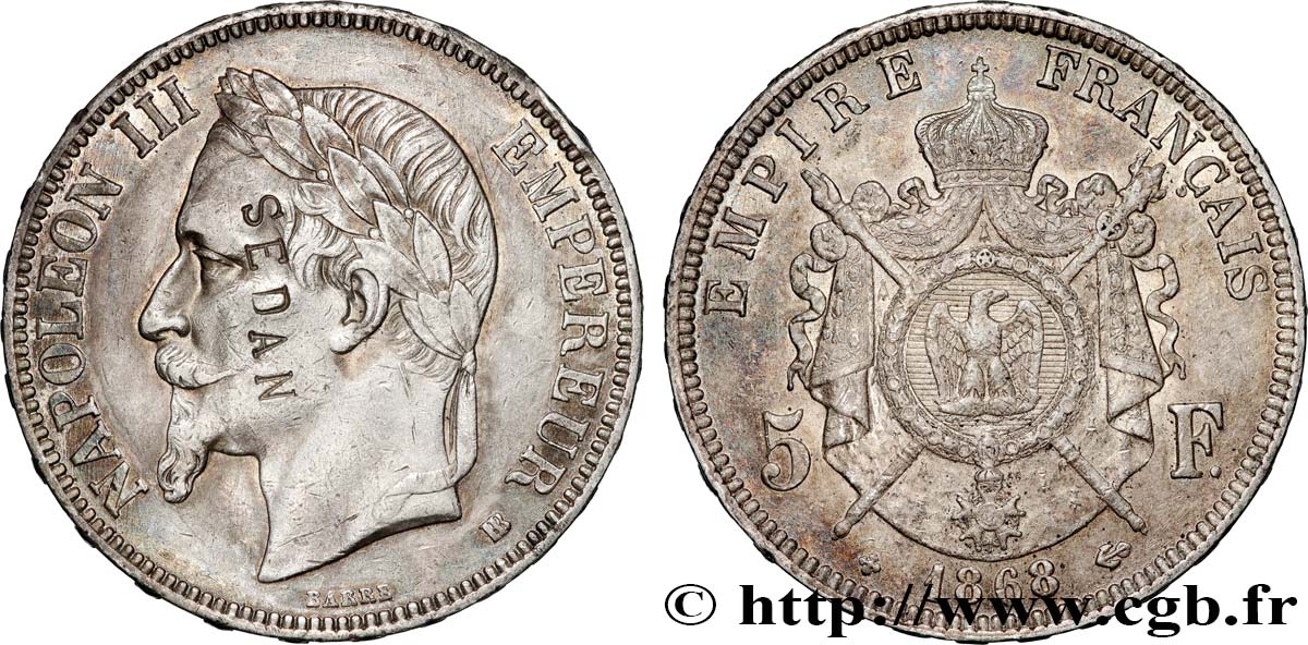 5 francs Napoléon III, tête laurée, contremarqué SEDAN au droit 1868 Strasbourg F.331/13 var. XF 
