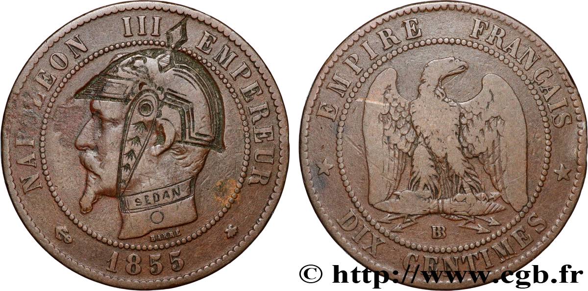 Dix centimes Napoléon III, tête nue, satirique et contremarqué SEDAN 1855 Strasbourg F.133/23 var. TB 