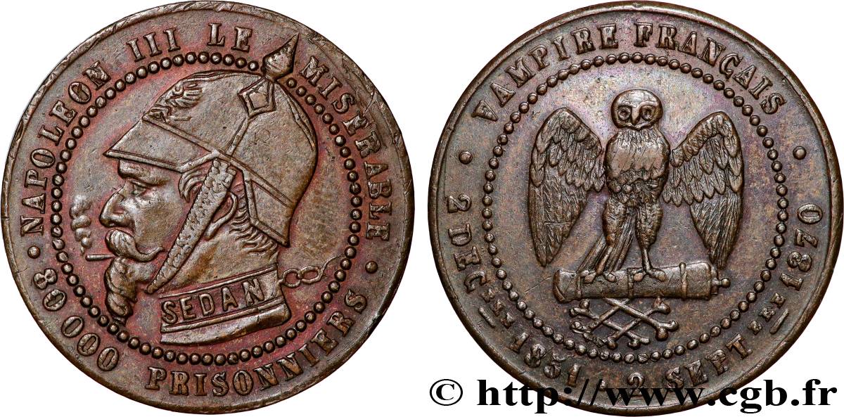 Médaille satirique Cu 25, module de Cinq centimes, type B “Os et Cigarette” 1870  Schw.B1a  SUP 