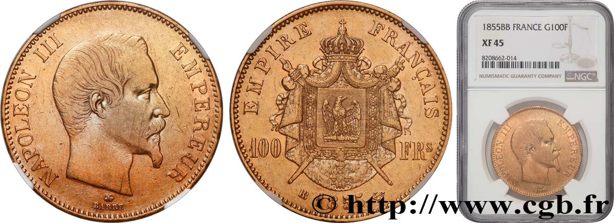 100 francs or Napoléon III, tête nue 1855 Strasbourg F.550/2 XF45 NGC