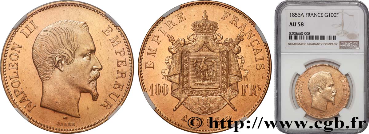 100 francs or Napoléon III, tête nue 1856 Paris F.550/3 AU58 NGC