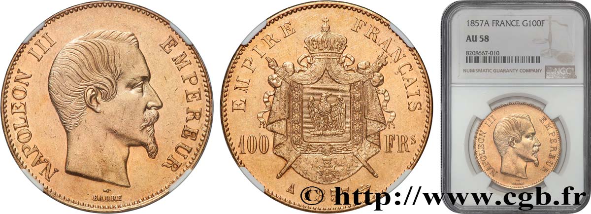 100 francs or Napoléon III, tête nue 1857 Paris F.550/4 AU58 NGC