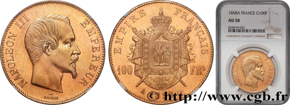 100 francs or Napoléon III, tête nue 1858 Paris F.550/5 AU58 NGC