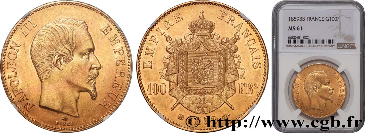 100 francs or Napoléon III tête nue 1859 Strasbourg F.550/8 MS61 NGC