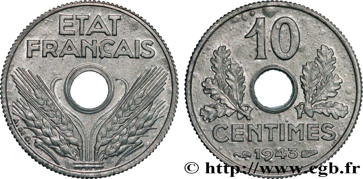 10 centimes État français, petit module 1943  F.142/2 MS63 