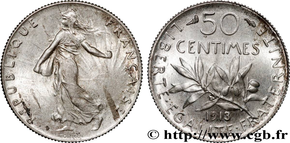 50 centimes Semeuse 1913 Paris F.190/20 MS63 