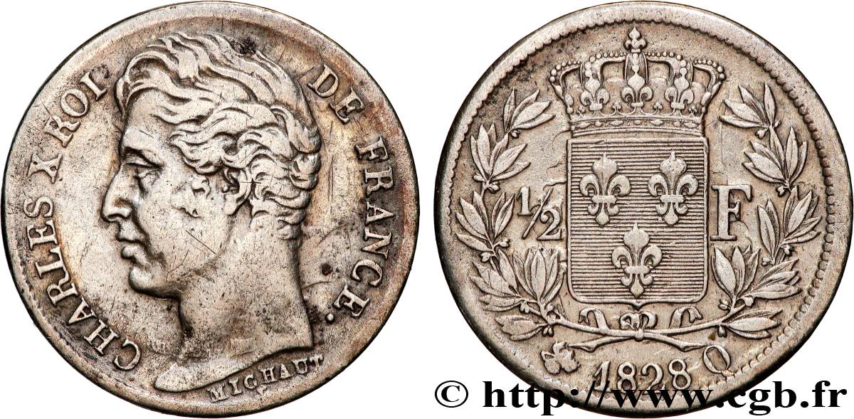 1/2 franc Charles X 1828 Perpignan F.180/34 XF 