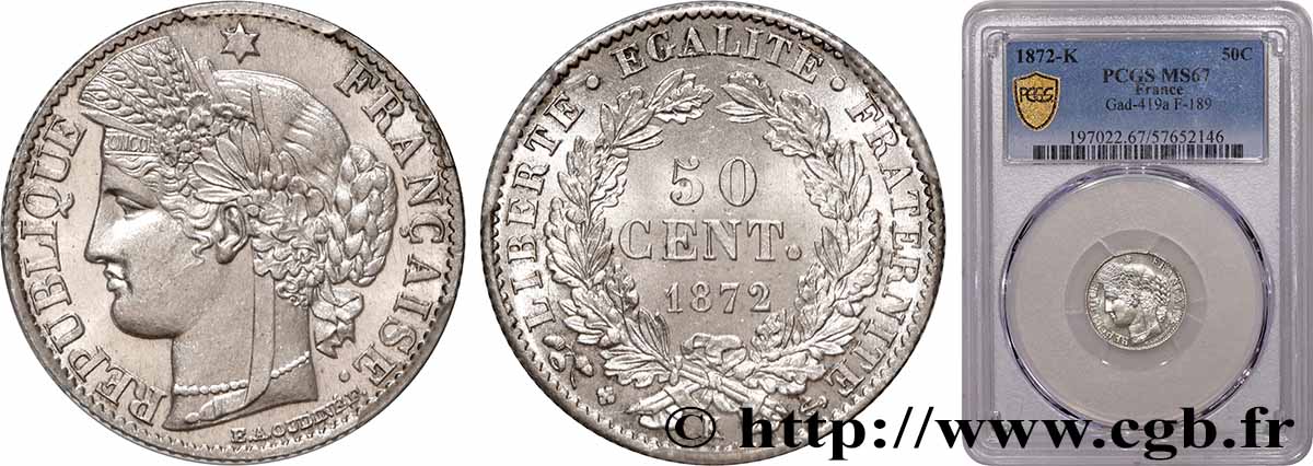 50 centimes Cérès, IIIe République 1872 Bordeaux F.189/4 FDC67 PCGS