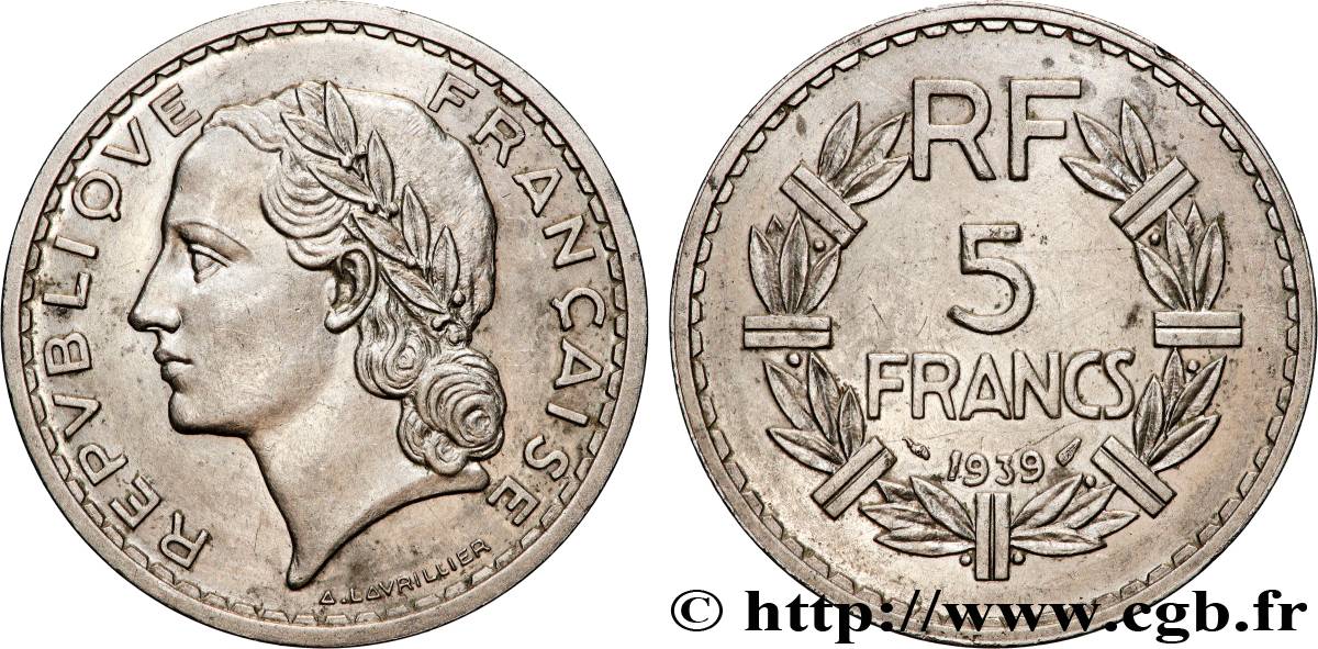 5 francs Lavrillier, nickel 1939  F.336/8 TTB+ 