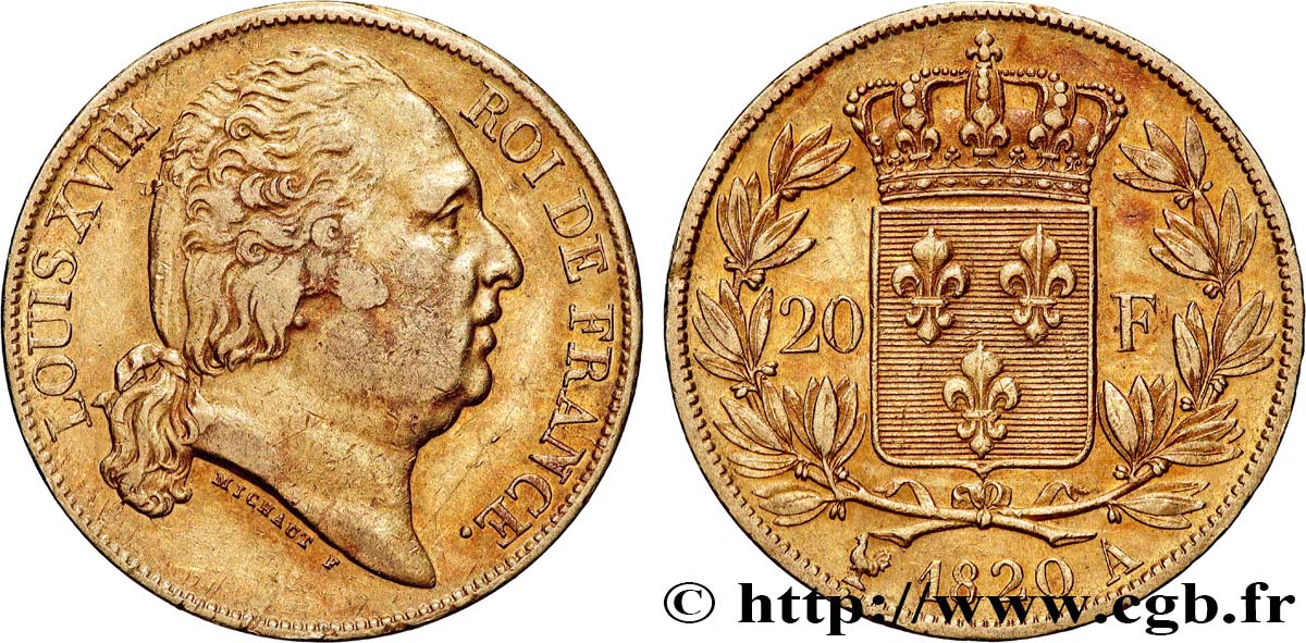 20 francs Louis XVIII, tête nue, sans tête de cheval 1820 Paris F.519/20 TTB/TTB+ 